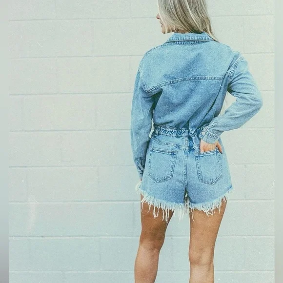 Long sleeve denim romper - Picture 2 of 3